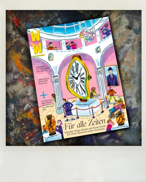 Illustrated magazine cover featuring a melting clock and cartoon figures in an art gallery with columns, paintings, and pink background.
