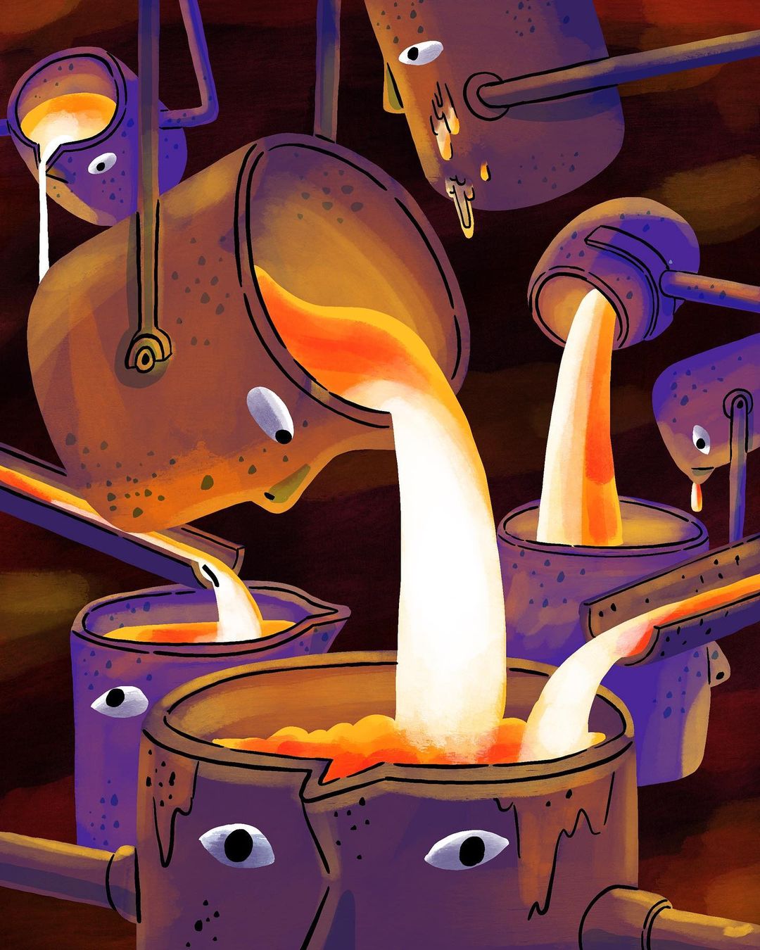 Illustration of metal pouring from metal containers with faces, featuring a vibrant color palette and abstract character design elements.