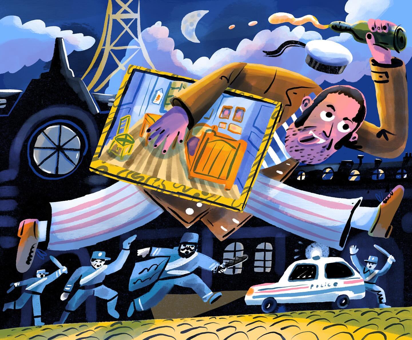 Whimsical illustration of a man escaping with a painting, pursued by police against a Paris backdrop under a crescent moon.