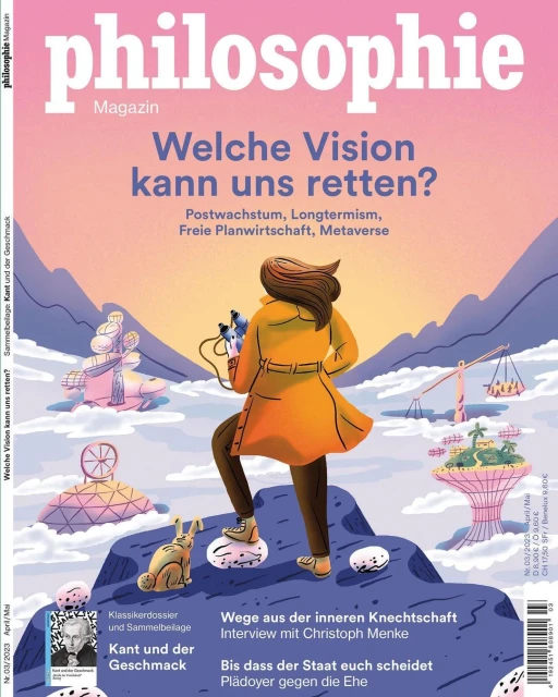 Magazine cover illustration features a woman in a yellow coat looking through binoculars, standing on rocks in a fantastical landscape.