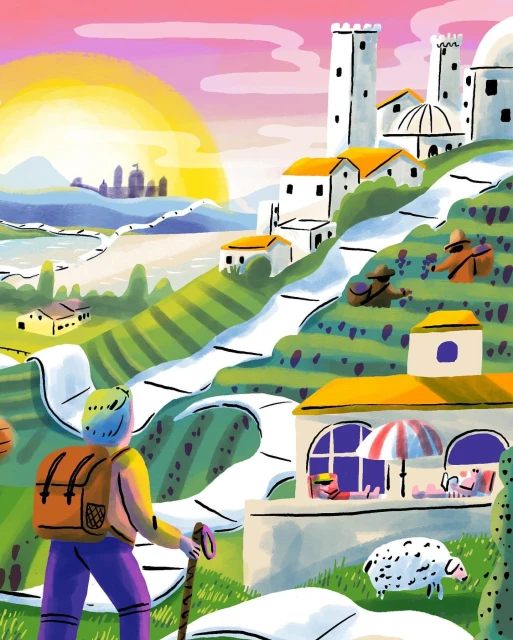 Illustration of a hiker walking in a rural landscape with terraced hills, houses, and a distant city under a colorful sky and bright sun.