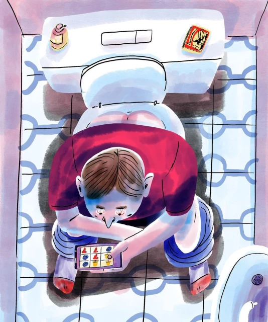 Illustration of a person using a smartphone while sitting on the toilet in a tiled bathroom, rendered in a watercolor style.