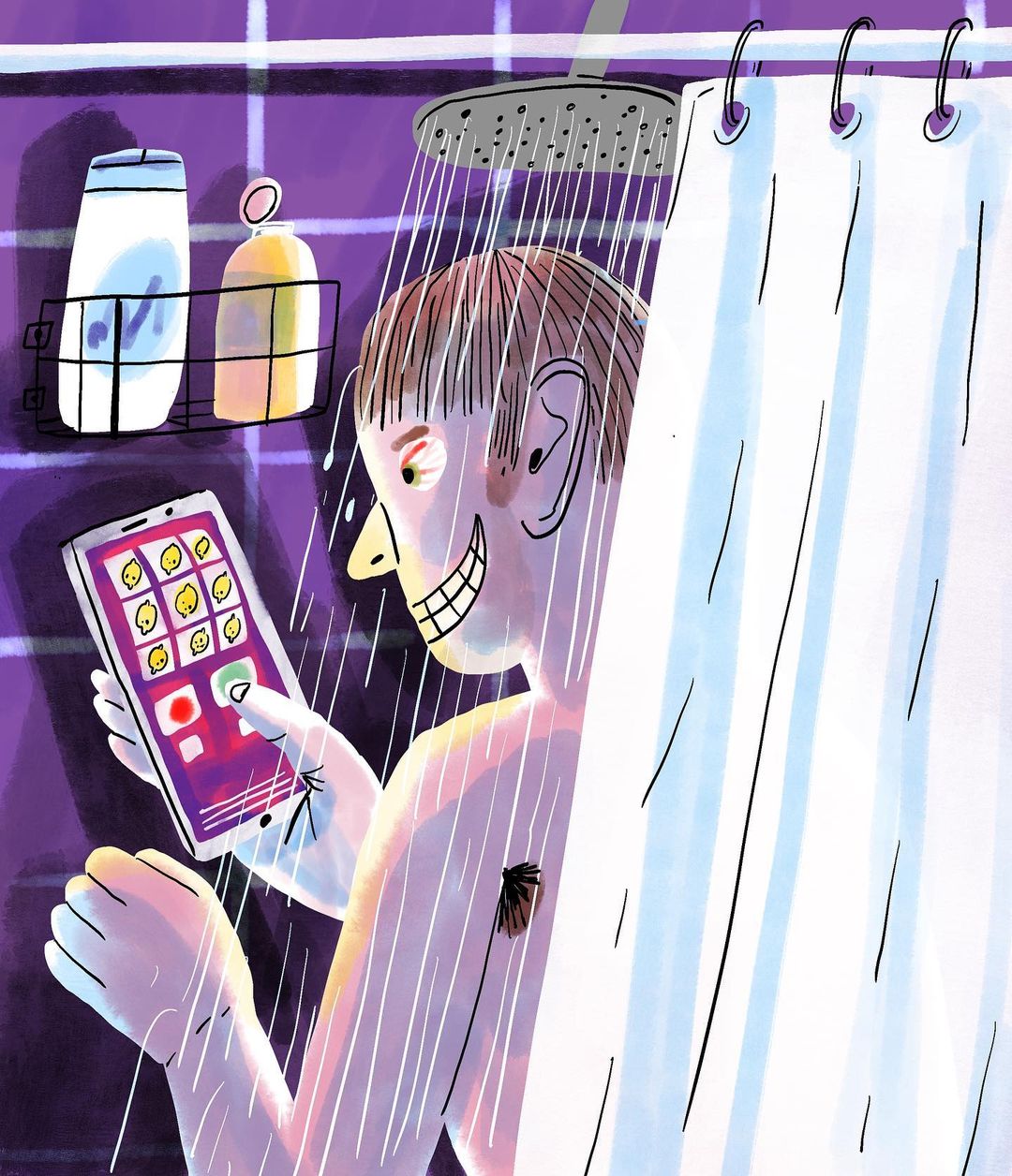 Illustration of a man taking a shower while using his smartphone, with purple tiles and a white shower curtain.