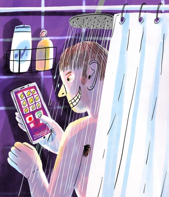 Illustration of a man taking a shower while using his smartphone, with purple tiles and a white shower curtain.
