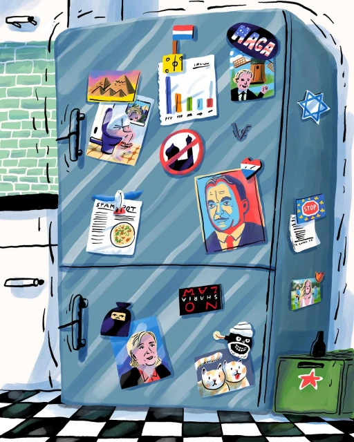 Illustration of a refrigerator with various magnets and images attached, set against a checkered floor and brick wall background.