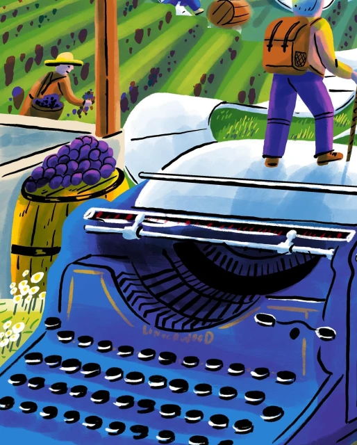 Illustration depicting wine production, featuring vineyard workers, a grape bunch on a barrel, and a person with a backpack on a typewriter.