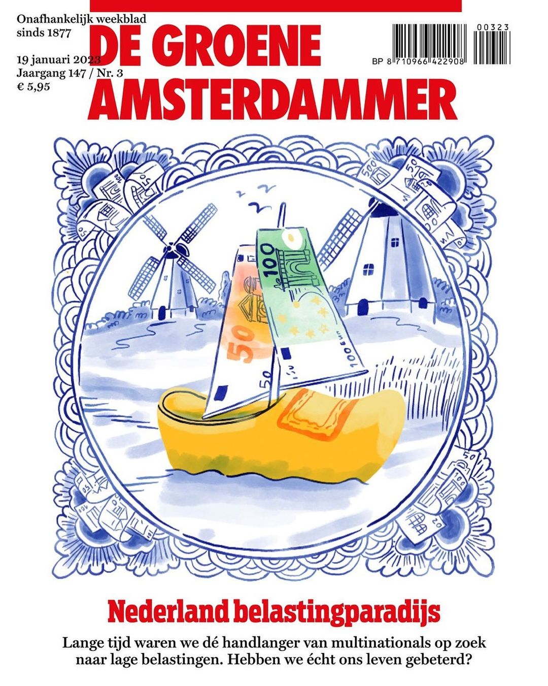 De Groene Amsterdammer cover illustration of a wooden shoe sailboat with Euro sails, windmills, and houses within a blue Delftware border.