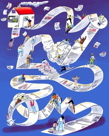 Digital illustration of people navigating a winding path of documents towards a house, symbolizing complex processes and transactions.