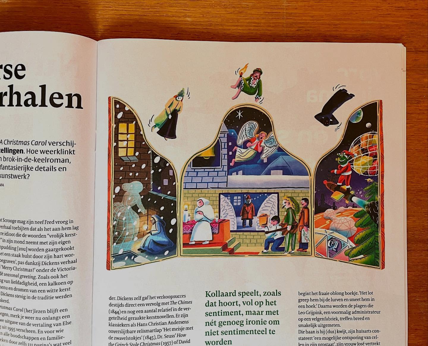 Christmas Carol illustration on a magazine page, featuring characters from the story in colorful festive scenes and snowy landscapes.