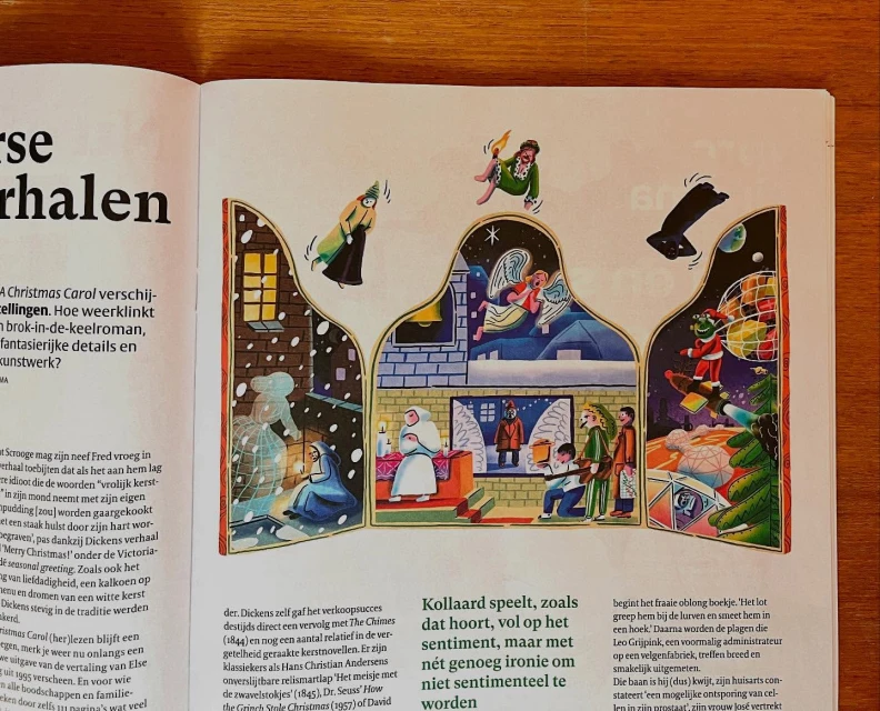 Christmas Carol illustration on a magazine page, featuring characters from the story in colorful festive scenes and snowy landscapes.