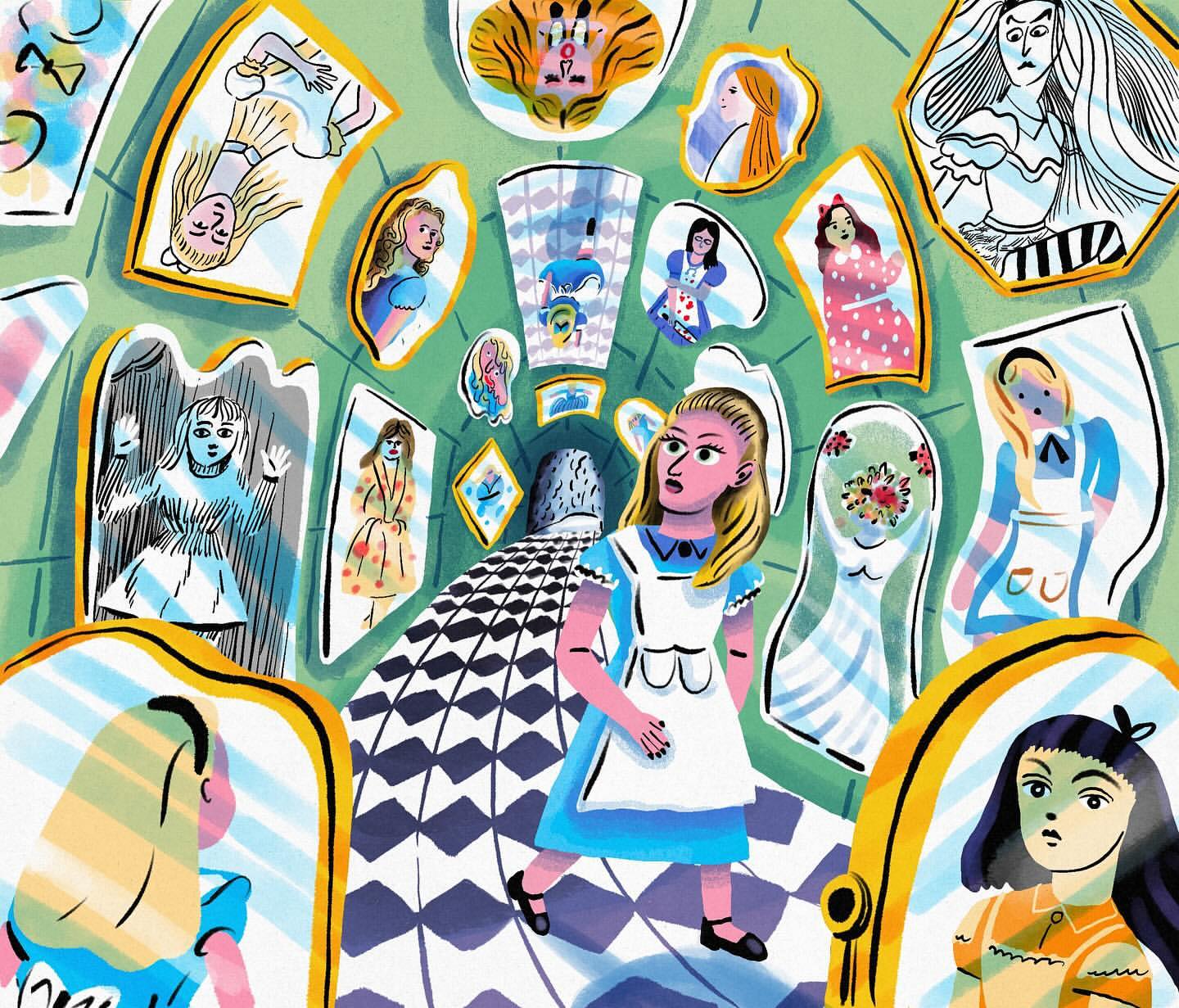 Illustration of Alice in Wonderland walking through a hall of mirrors, rendered in a colorful and whimsical art style.