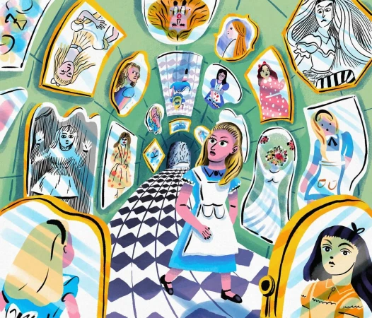 Illustration of Alice in Wonderland walking through a hall of mirrors, rendered in a colorful and whimsical art style.