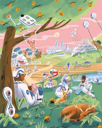 Illustration of a futuristic, sustainable countryside scene with people, robots, farms, domed structures, and an overall sense of harmony.