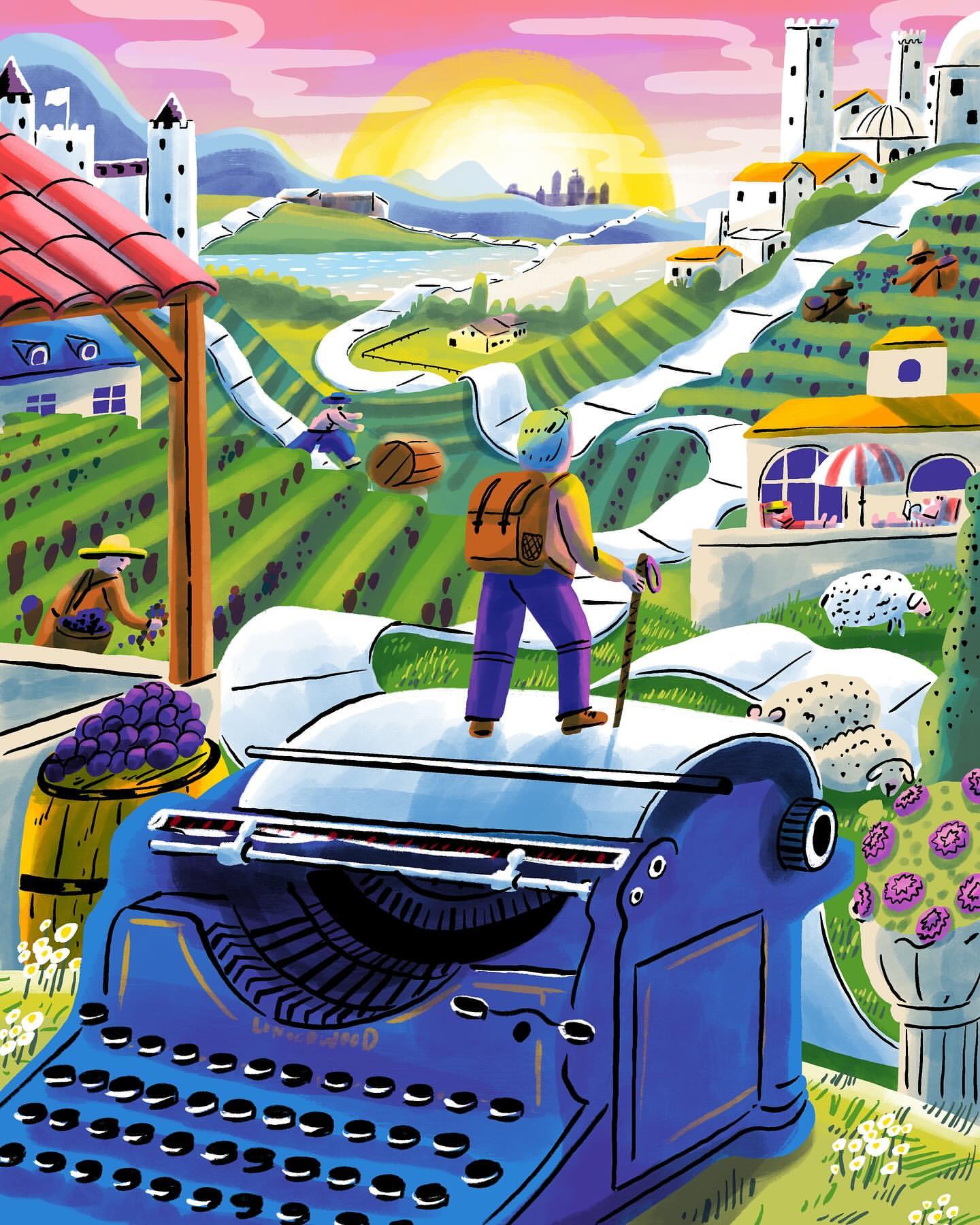 Illustration of a person with a backpack on top of a vintage typewriter, with a scenic landscape background, depicting travel.