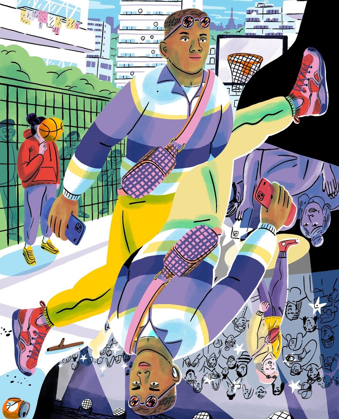 Illustration of a stylish adult male posing, wearing a striped shirt, yellow pants, and pink sneakers, with other figures in the background.