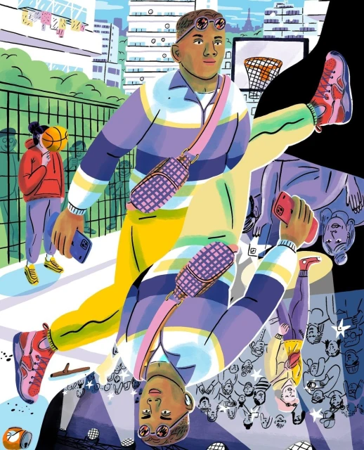 Illustration of a stylish adult male posing, wearing a striped shirt, yellow pants, and pink sneakers, with other figures in the background.
