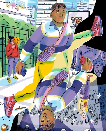 Illustration of a stylish adult male posing, wearing a striped shirt, yellow pants, and pink sneakers, with other figures in the background.