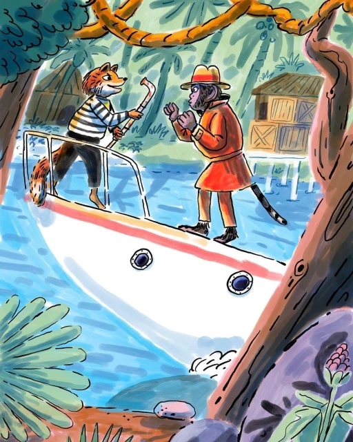 Illustration of an anthropomorphic fox and monkey on a boat, set in a jungle environment, showcasing colorful cartoon art style.