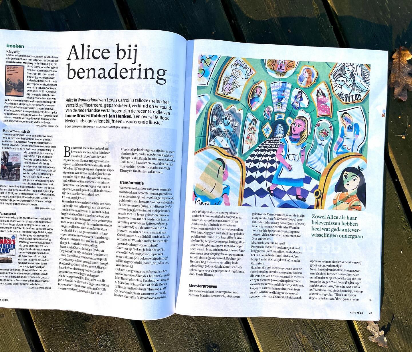 Illustrated magazine spread features an image of Alice in Wonderland surrounded by portraits and text about the novel.