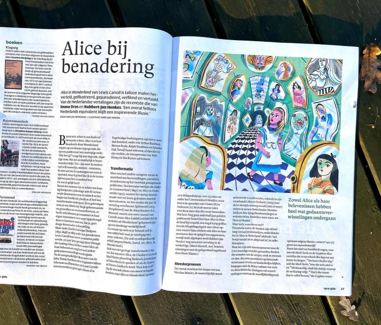 Illustrated magazine spread features an image of Alice in Wonderland surrounded by portraits and text about the novel.