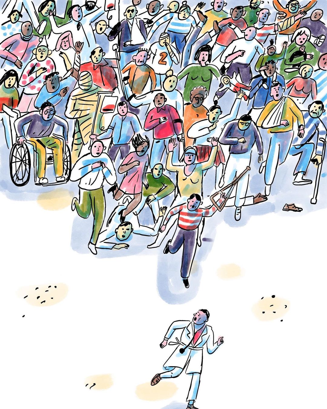 Illustration of a diverse crowd fleeing in panic from an unseen threat, with a doctor running in the opposite direction toward the danger.