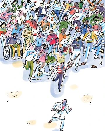 Illustration of a diverse crowd fleeing in panic from an unseen threat, with a doctor running in the opposite direction toward the danger.