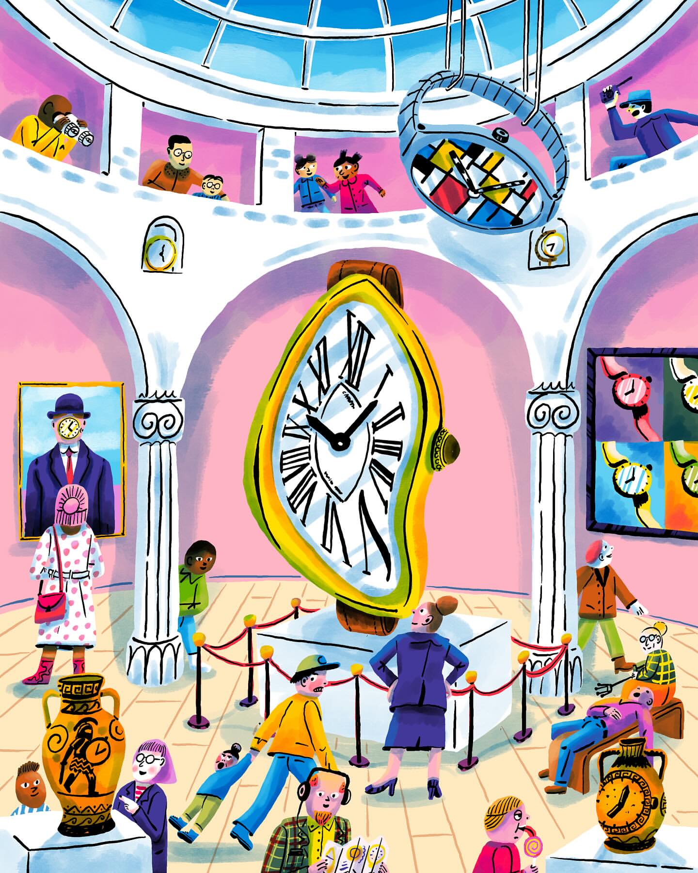 Illustration of museum exhibit with melting clocks, visitors viewing art on pink walls, skylight above in bright, whimsical style.