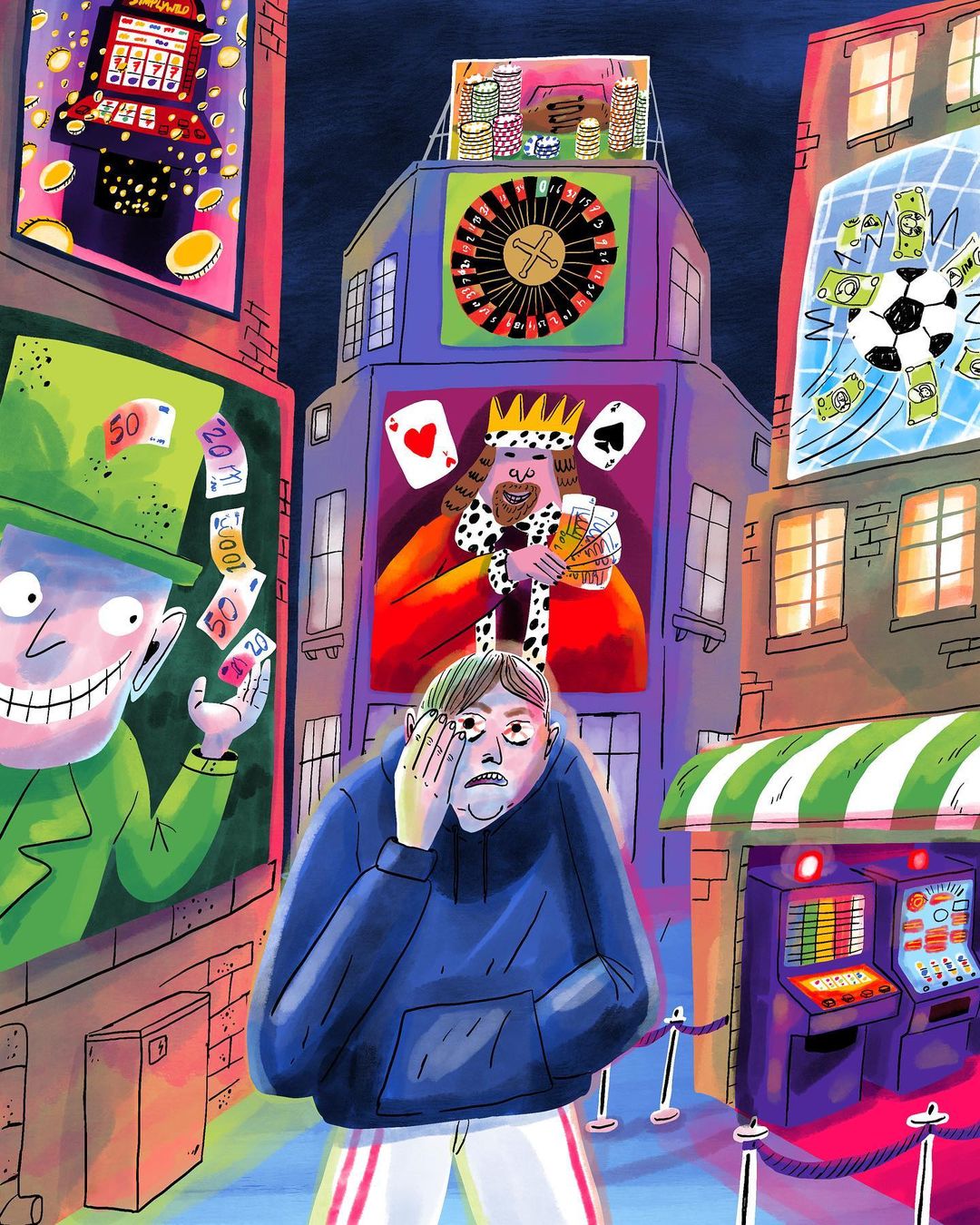 Illustration of a worried person in a blue hoodie standing in front of gambling advertisements, including slot machines and roulette wheels.
