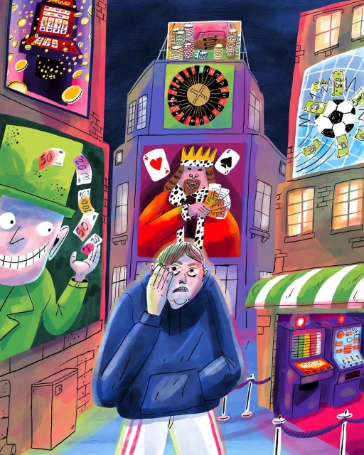 Illustration of a worried person in a blue hoodie standing in front of gambling advertisements, including slot machines and roulette wheels.
