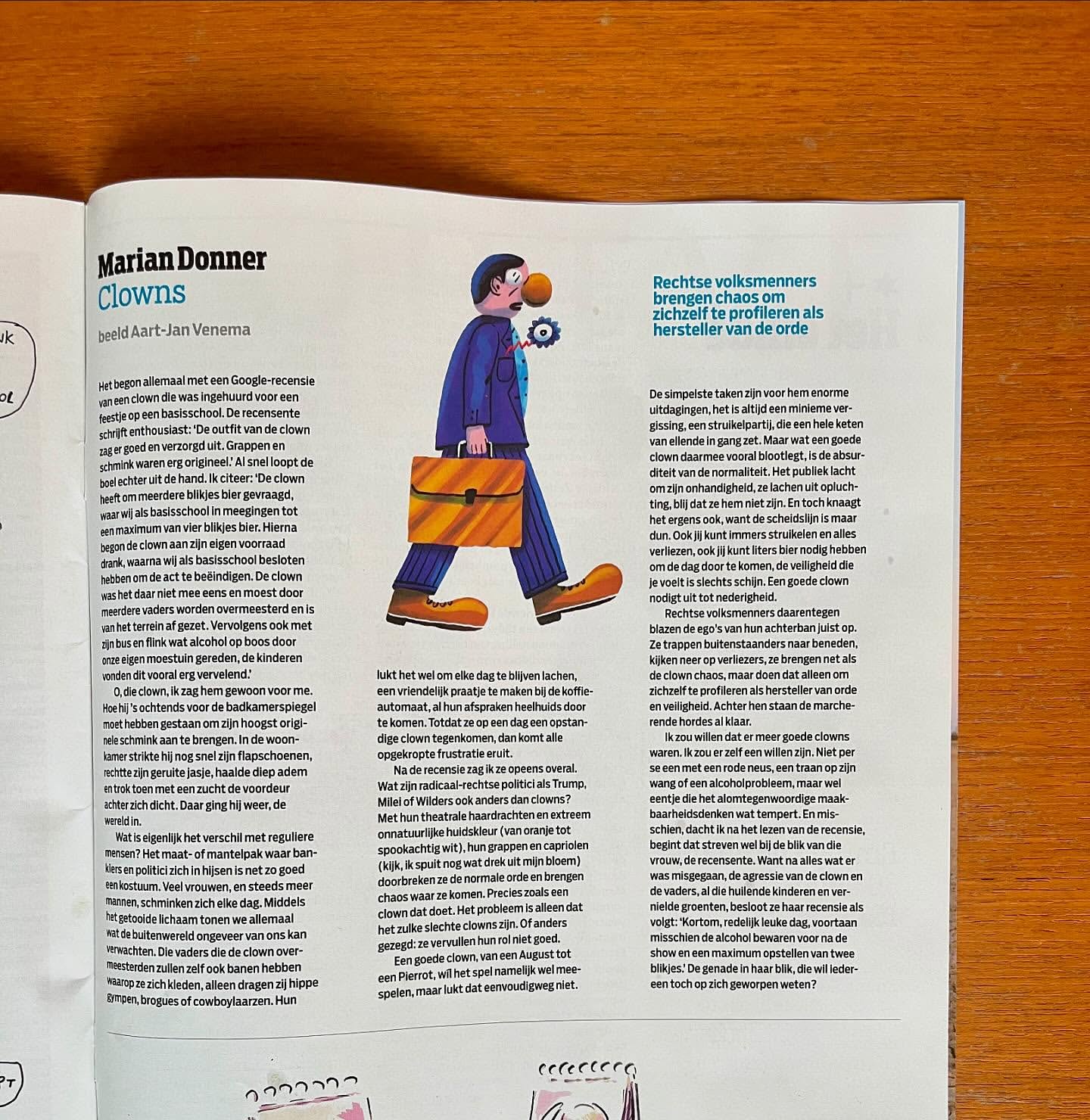 Illustration in a magazine spread depicts a person in a blue suit carrying a briefcase with political text and imagery, editorial in style.