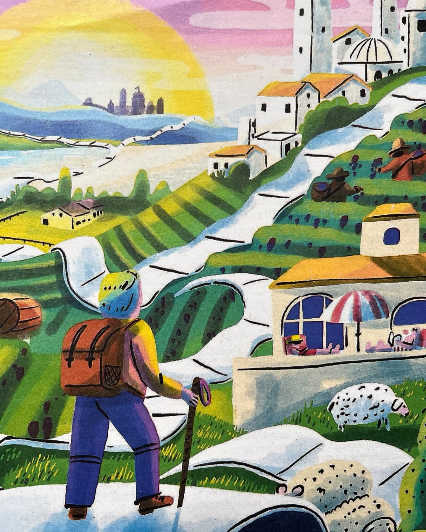 Illustration of a person hiking through a pastoral landscape with sheep, buildings, and rolling hills under a warm, stylized sun.