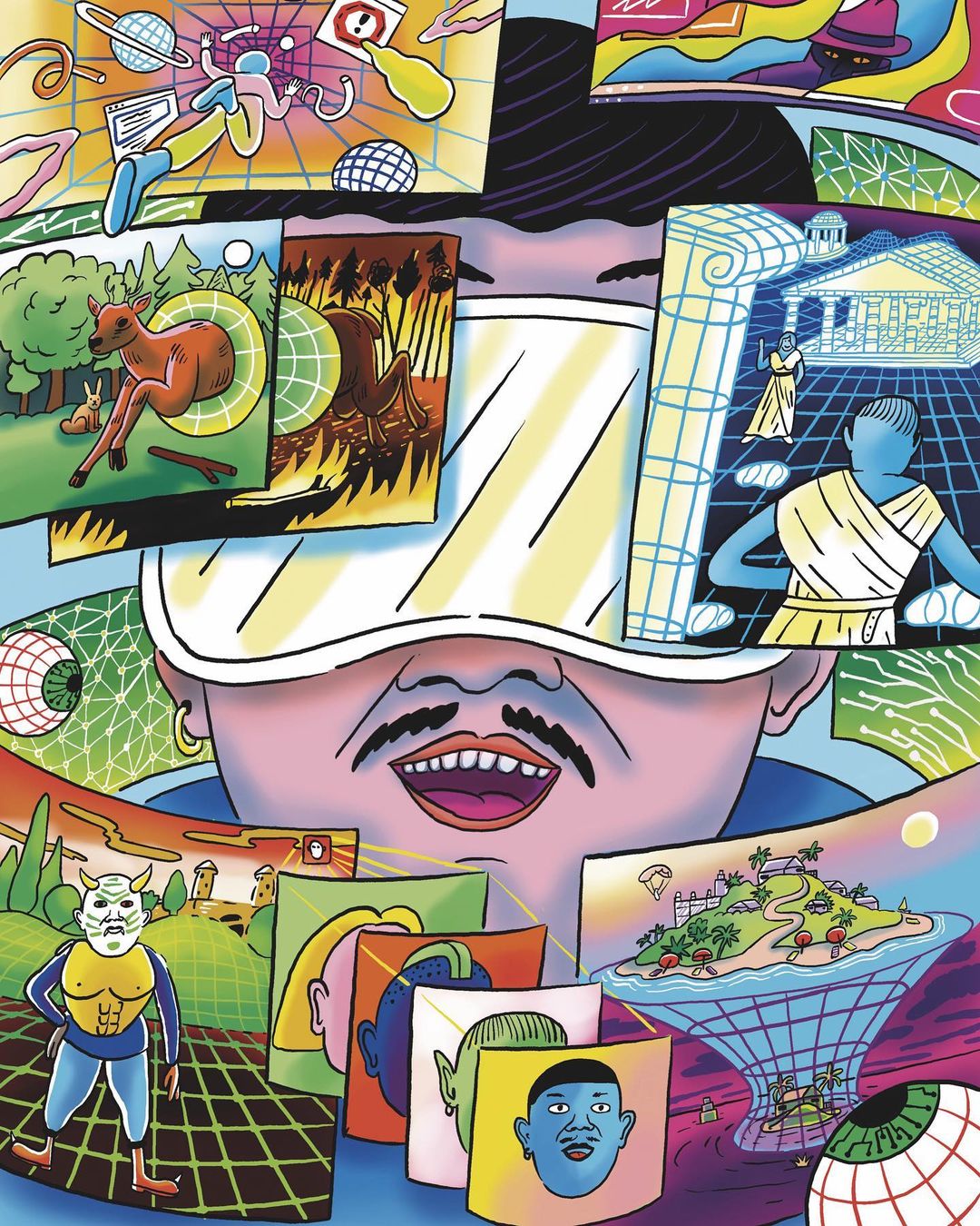 Digital art showing a man wearing a VR headset surrounded by virtual environments, portraits, and futuristic elements in vibrant colors.