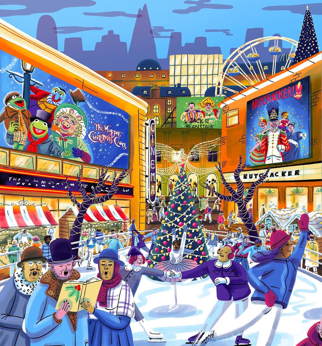 Illustration of a winter cityscape with people ice skating, a choir singing, and billboard advertisements for movies and holiday events.