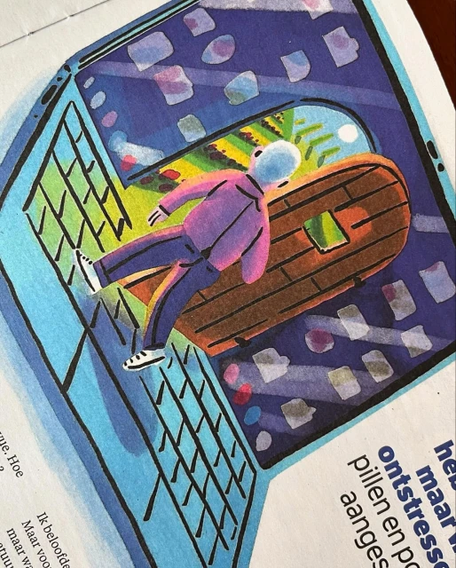 Digital art illustration of a person lying on a wooden structure inside a computer monitor, with surrounding text from a newspaper.