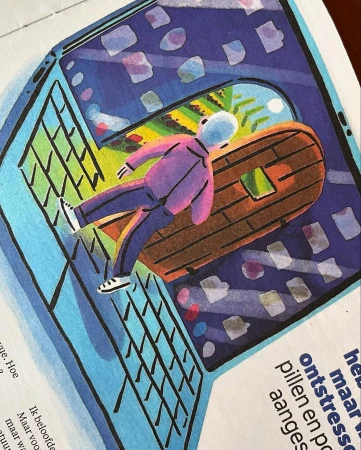 Digital art illustration of a person lying on a wooden structure inside a computer monitor, with surrounding text from a newspaper.