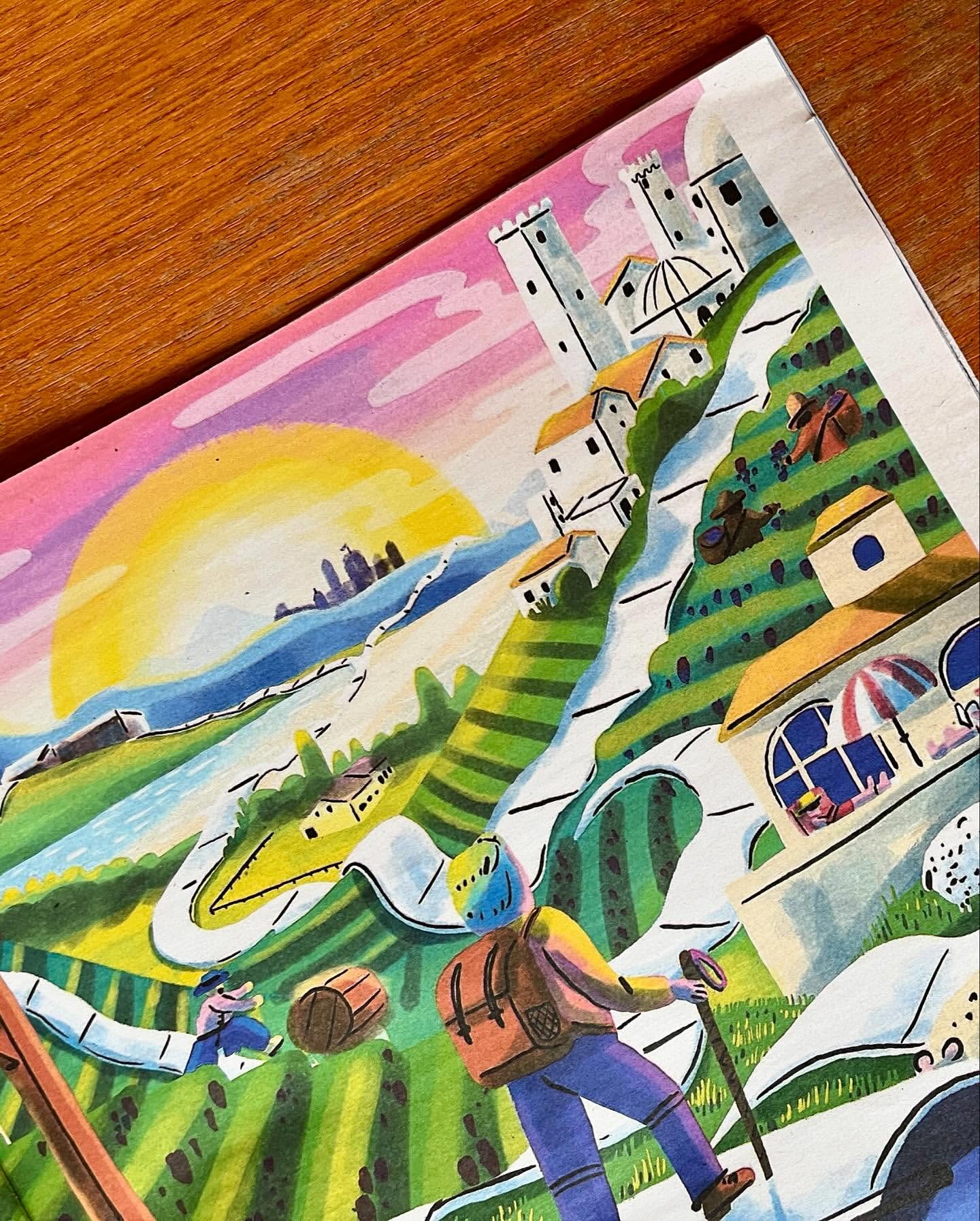 Illustration of a hiker with a backpack traversing a vibrant landscape with rolling hills, coastal views, and a distant castle.