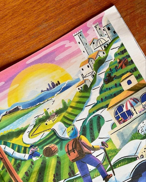 Illustration of a hiker with a backpack traversing a vibrant landscape with rolling hills, coastal views, and a distant castle.