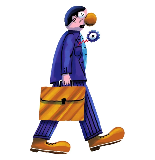 Illustration of a man in a suit walking with a briefcase, with a whimsical and surreal touch, set against a white background.