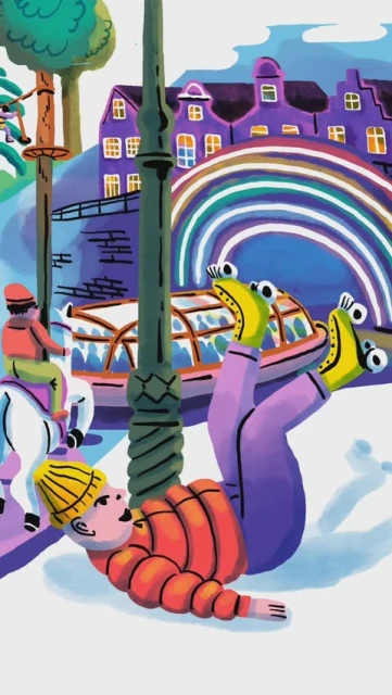 Illustration of a fair-skinned person with orange sweater and yellow hat lying on a ground in front of a city with a rainbow.