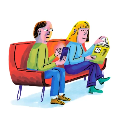 Illustrated man using a smartphone and a woman reading a book while seated together on a red sofa against a white background
