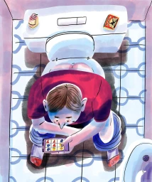 Overhead watercolour illustration of a man seated on a toilet using a mobile phone, by illustrator Aart-jan Venema.