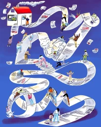 Colorful illustration by Aart-jan Venema showing many small people interacting with a long twisting paper scroll against a blue background.