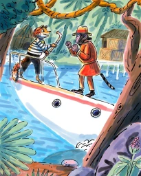 An illustrated scene by Aart-jan Venema showing an anthropomorphic fox and chimpanzee on a white boat near a riverbank.