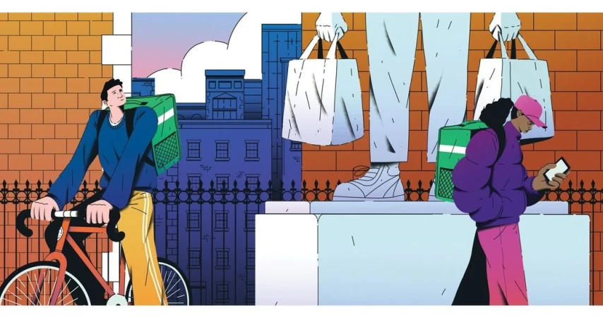 Illustration depicting two delivery people, one cycling and the other using a smartphone, with buildings and a statue in the background.