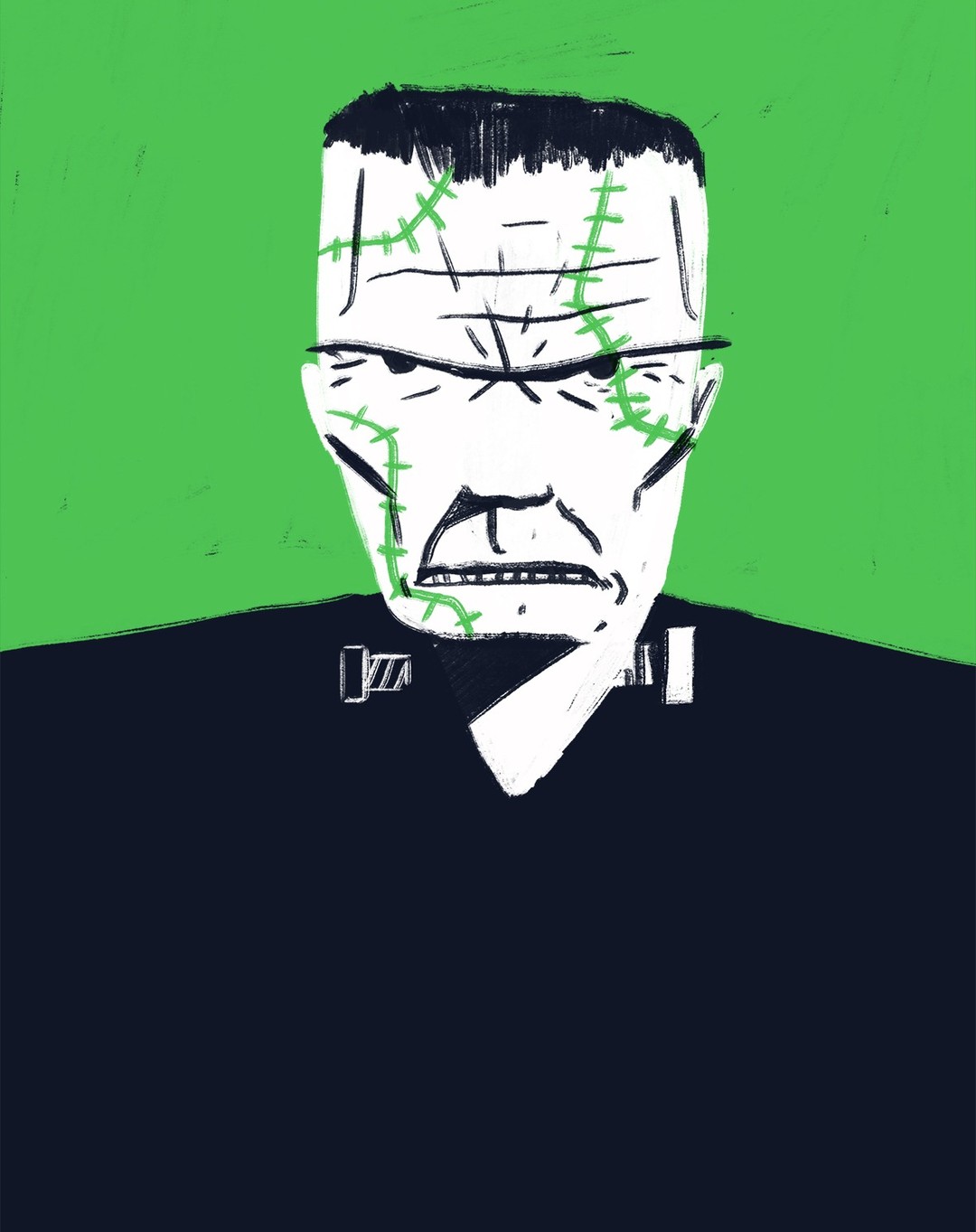 Illustration of Frankenstein's monster with pale skin, a dark suit, and green stitching against a light green background.