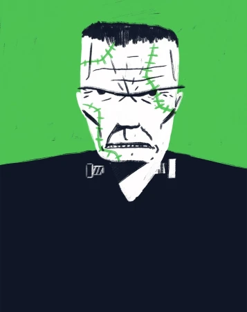 Illustration of Frankenstein's monster with pale skin, a dark suit, and green stitching against a light green background.