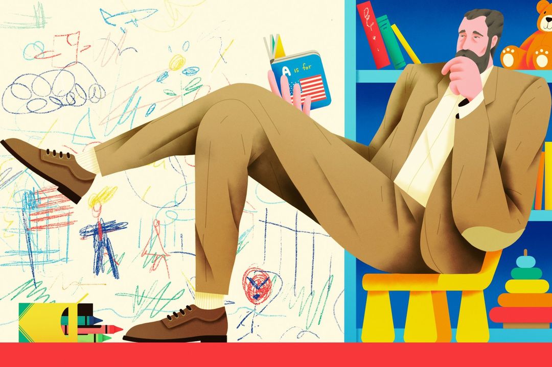 Illustration of a man in a suit sitting on a chair reading an alphabet book in a room with children's drawings and toys.