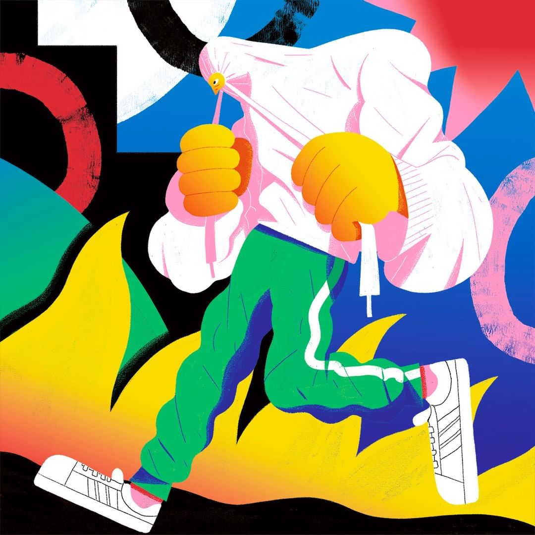 Illustration of a running figure with yellow hands, a white hoodie, and green pants, set against an abstract, geometric background.