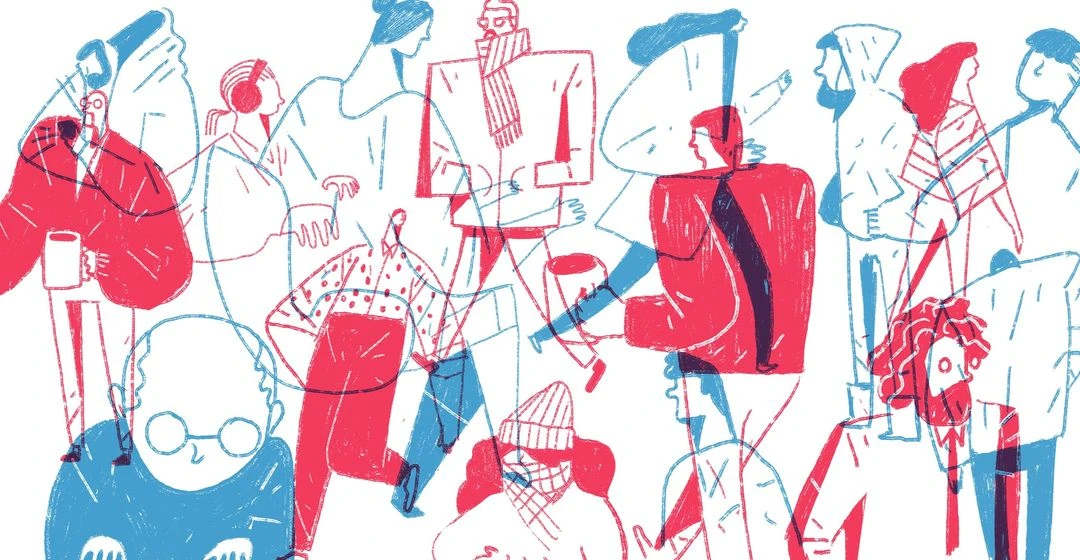 Illustration of a diverse group of people in motion, rendered with red and blue linework on a white background, showing figures overlapping.