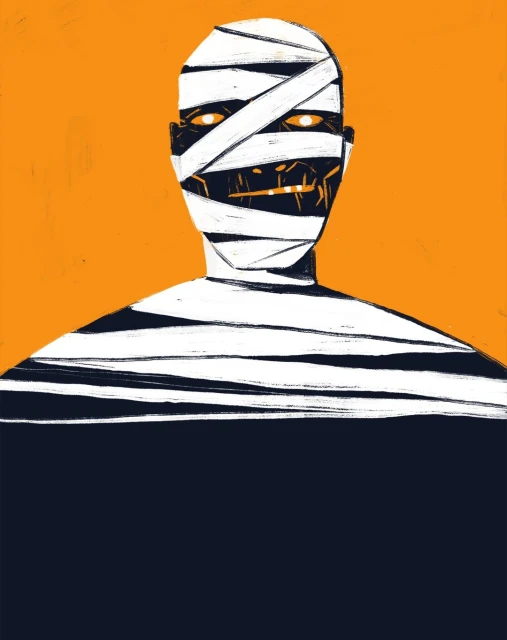 Illustration of a mummy with white bandages wrapped around its head and body against an orange background, creating an eerie and striking visual.